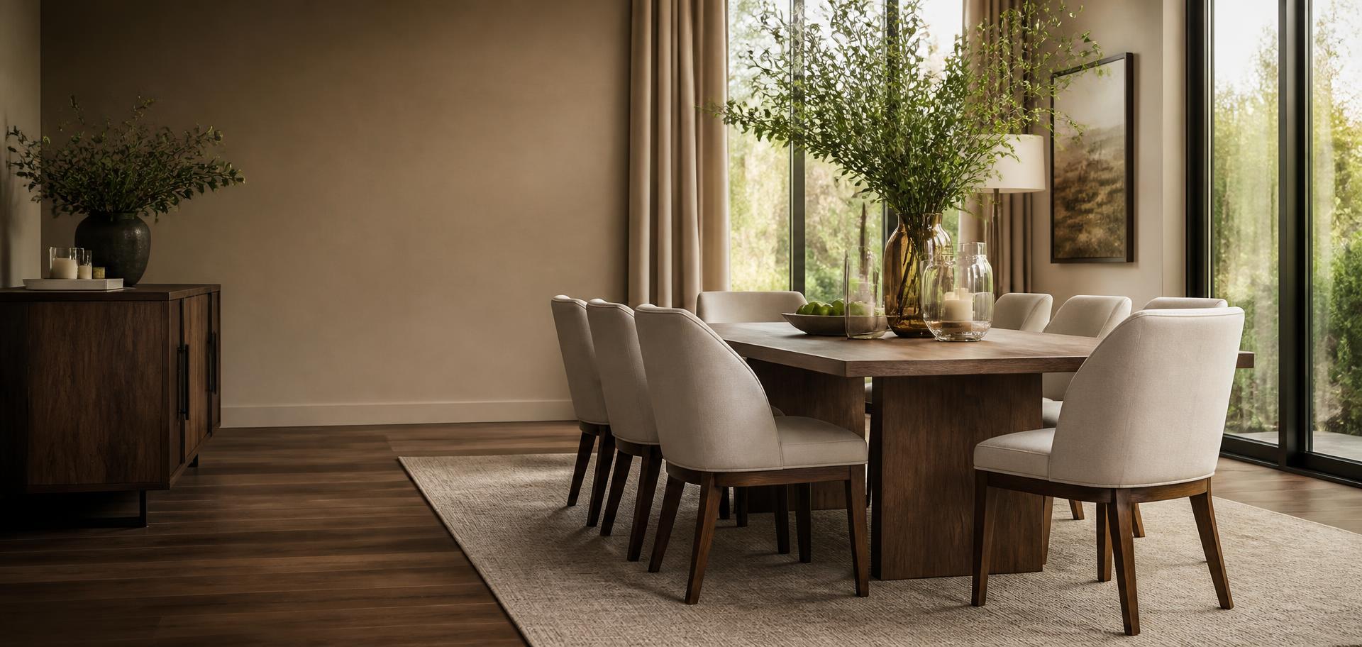 Luxury dining room styled with a marble table and velvet chairs